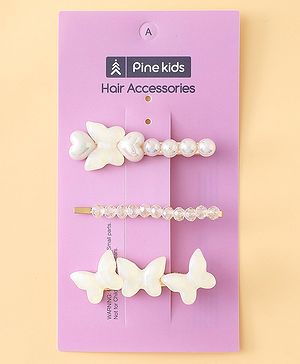 Pine Kids Free Size Hair Pins with  Pearl & Butterfly Applique Pack of 3  - White