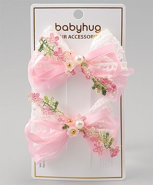 Babyhug Bow & Butterfly Clips With Pearls & Floral Applique Pack of 2 - Pink