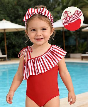 Babyhug Sleeveless Striped V Cut Swimsuit With Headband - Red