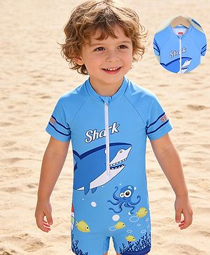 Babyhug Half Sleeves Sea Life Theme Printed Legged Swimsuit With Cap - Blue