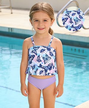 Babyhug Sleeveless Two Piece Swimsuit With Butterfly Print - Multicolor