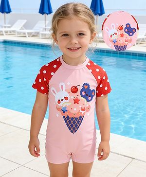 Babyhug Half Raglan Sleeves Legged Swimsuit With Animal Print - Multicolor