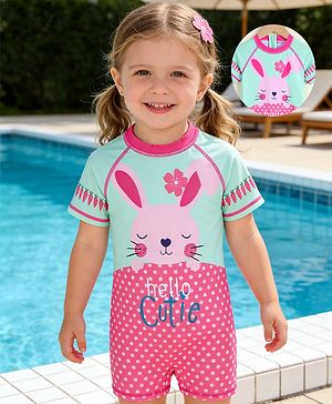 Babyhug Half Raglan Sleeves Bunny & Polka Dots Printed Legged Swimsuit - Multicolour