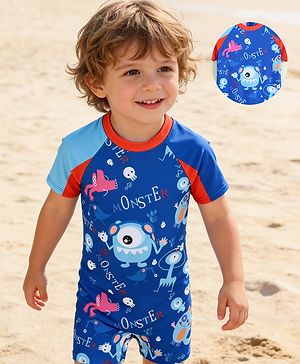 Babyhug Half Raglan Sleeves Printed Legged Swimsuit - Blue