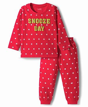 Babyhug Knit Full Sleeves Night Suit With Star Print - Red