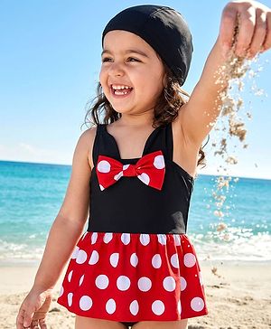 Babyhug Sleeveless Polka Dot Printed V Cut Swimsuit With Bow Applique & Cap - Black
