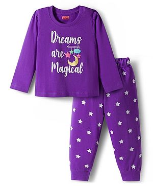Babyhug Knit Full Sleeves Night Suit With Text Print - Purple
