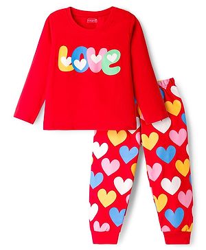 Babyhug Knit Full Sleeves Night Suit With Text Print - Red