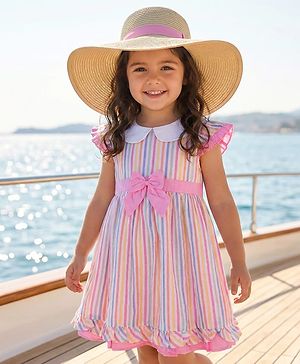 Babyhug Cotton Woven Cap Sleeves Striped Frock with Bow Applique - White