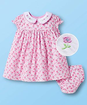 Babyhug Cotton Woven Cap Sleeves Frock With Floral Print & Embroidery & Bloomer - White