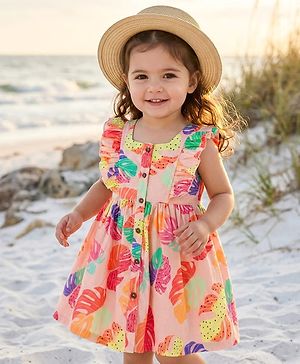Babyhug Cotton Woven Frill Sleeves Leaves Printed Frock - Multicolor