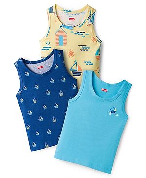 Babyhug 100% Cotton Single Jersey Knit Sando With Nautical Theme Print Pack Of 3 - Navy Blue Yellow & Light Blue