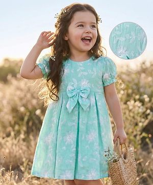 Babyhug Cotton Woven Half Puffed Sleeves Frock with Floral Embroidery & Bow Applique - Aqua Blue