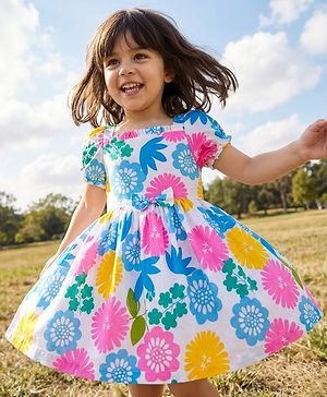 Babyhug Cotton Woven Half Sleeves Frock With Floral Print & Bow Applique - White