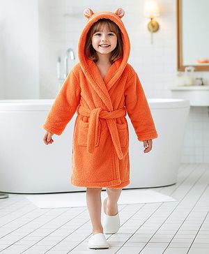Babyhug Velour Knit Full Sleeves Hooded Bathrobe With Ear Applique - Orange
