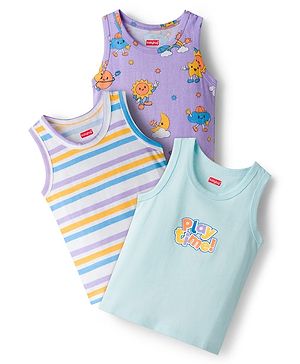Babyhug Single Jersey Knit Sleeveless Sando With Text Print Pack Of 3 - Purple White & Light Blue