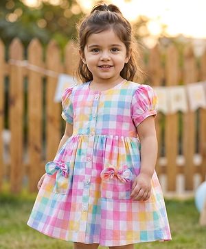 Babyhug Cotton Woven Half Puffed Sleeves Checkered Frock with Bow Applique - Multicolor