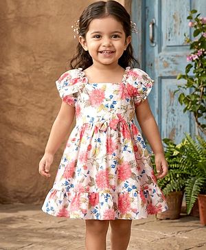 Babyhug Cotton Woven Half Sleeves Frock With Floral Print - White