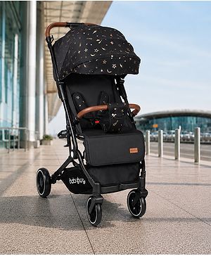 Babyhug Portable Baby Stroller with One-Hand Compact Fold Newborn Pram Concealed Linked Brake, Front Swivel Wheels, Safety Harness, Shock Absorbing Wheels Storage Basket Moon & Star Print - Black