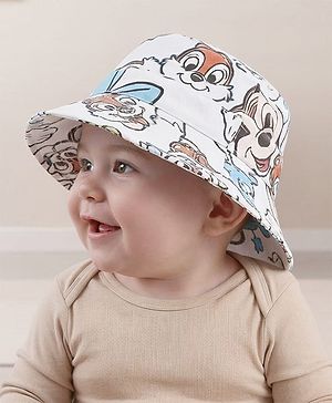 Babyhug Disney Cotton Woven Summer Cap with Minnie Mouse & Friends Print White - Diameter 22 cm