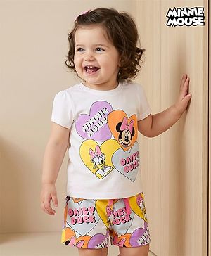 Babyhug Disney Single Jersey Knit Half Sleeves Shorts Night Suit With Minnie & Friends Print - White