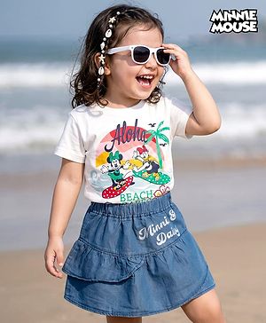 Babyhug Disney Single Jersey Knit Half Sleeves T-Shirt & Skirt Set with Minnie & Friends Graphic - Navy Blue & White