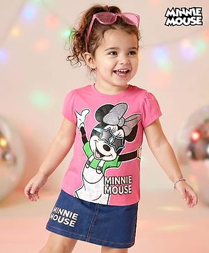 Babyhug Disney Single Jersey Knit Half Sleeves Top & Denim Skirt with Minnie Mouse Graphic - Pink & Blue