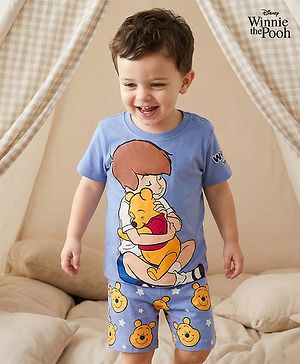 Babyhug Disney Single Jersey Knit Half Sleeves Shorts Night Suit With Winnie & Friends Graphics - Light Blue