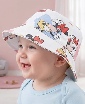 Babyhug Disney Cotton Woven Summer Cap with Minnie Mouse Print White - Diameter 23 cm