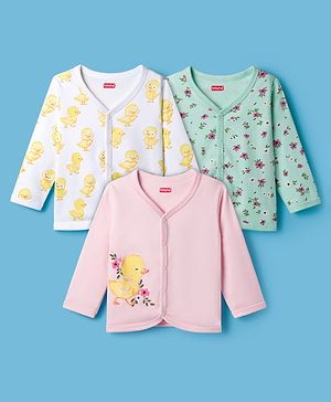 Babyhug 100% Cotton Knit Full Sleeves Front Open Jhablas with Duck & Floral Print Pack of 3 - White Pink & Sea Green