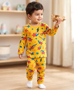 Babyhug Cotton Knit Full Sleeves Co-ords Night Suit with Star Print - Yellow