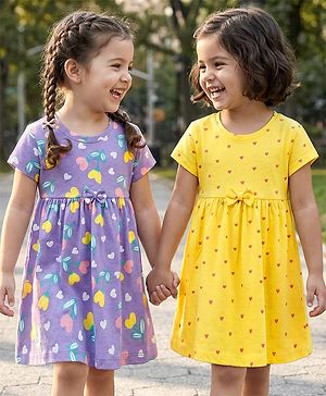 Babyhug Single Jersey Knit Half Sleeves Floral Heart & Print Printed Frocks with Bow Applique Pack of 2 - Yellow & Lilac