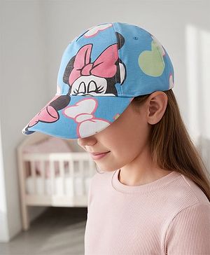 Babyhug Disney Cotton Woven Summer Cap with Minnie Mouse Print Blue - Diameter 17 cm