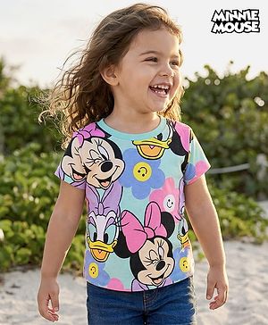 Babyhug Disney Single Jersey Knit Half Sleeves T-Shirt with Minnie Mouse & Daisy Print - Light Blue