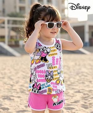 Babyhug Disney Single Jersey Knit Sleeveless T-Shirt & Shorts Set With Minnie Mouse Graphics - White & Pink