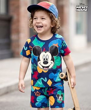 Babyhug Disney Single Jersey Knit Half Sleeves T-Shirt & Shorts Co-ord Set With Mickey Mouse Graphics - Navy Blue