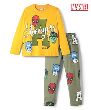 Pine Kids Marvel Single Jersey Knit Full Sleeves T-Shirt & Pyjama Night Suit With Avengers Graphics - Yellow & Olive Green