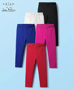 Arias Cotton Elastane Knit Full
                              Length Solid Colour Leggings Pack of 5 -
                              Red Navy Blue & White