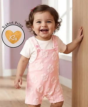 Babyoye Interlock Knit Dungaree &
                              Half Sleeves Inner Tee With Floral
                              Embroidery - Pink