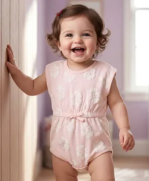 Babyoye Interlock Knit Solid Dyed
                              Half Sleeves Onesie with Floral Embroidery
                              - Pink