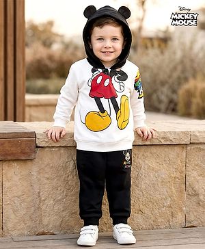 Babyhug Disney Terry Knit Drop Shoulder Full Sleeves Hooded Sweatshirt & Joggers Set with Mickey Mouse Graphic & 3D Applique - White & Black
