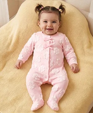 Babyoye Interlock Knit Full Sleeves
                              Floral Embroidered Footed Sleepsuit -
                              Pink
