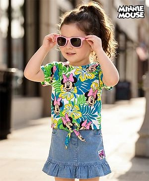 Babyhug Disney Single Jersey Knit Half Sleeves Top  & Denim Skirt Set with Minnie Mouse Graphic & Badge Detailing - Multicolor