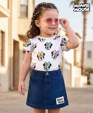 Babyhug Disney Single Jersey Knit Half Sleeves Top & Denim Skirt Set with Minnie Mouse Graphic - Multicolor