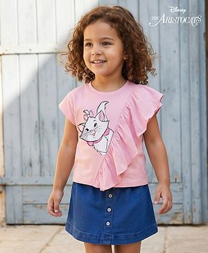 Babyhug Disney Single Jersey Knit Half Sleeves Top & Denim Skirt Set With Aristocrats Marie Graphics - Pink & Blue