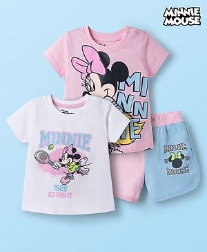 Babyhug Disney Single Jersey Knit Half Sleeves T-Shirts & Shorts Set with Minnie Mouse Graphic - Multicolor