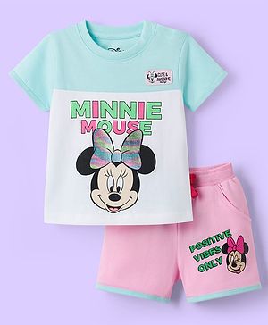 Babyhug Disney Single Jersey Knit Half Sleeves Cut & Sew T-Shirt & Shorts Set with Minnie Moues Graphic & Badge Detailing - Multicolor