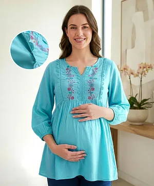 Bella Mama Woven Three Fourth Sleeves
                              Maternity Top With Floral Embroidered Yoke
                              - Aqua Blue