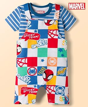 Babyhug Marvel Single Jersey Knit Half Sleeves Striped T-Shirt & Dungaree with Spiderman Print - Multicolor