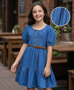 Pine Kids Cotton Woven Half Sleeves Solid Frock With Belt - Blue